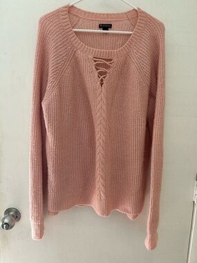 new directions Lace-Up Cable Knit Sweater - Blush Pink